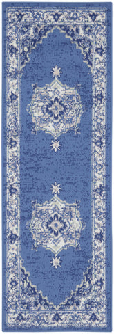 6' Ivory Navy Blue and Beige Floral Medallion Runner Rug