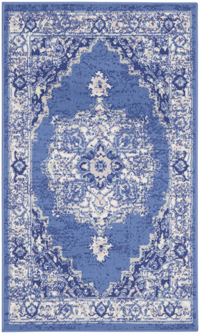 3' X 5' Ivory Navy Blue and Beige Floral Medallion Area Rug