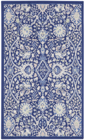 3' X 5' Navy Blue Ivory and Beige Floral Area Rug