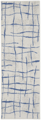 6' Ivory and Blue Abstract Geometric Distressed Runner Rug