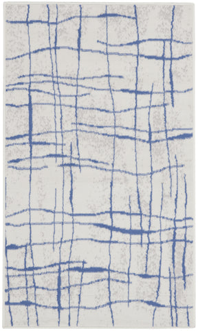 3' X 5' Ivory and Blue Abstract Geometric Distressed Area Rug
