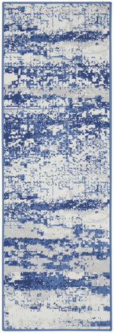 6' Ivory and Navy Blue Abstract Runner Rug
