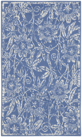 3' X 5' Ivory and Blue Floral Distressed Area Rug