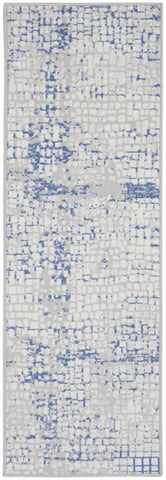 6' Ivory Blue and Gray Abstract Runner Rug