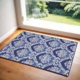 3' X 5' Blue and Ivory Damask Distressed Area Rug