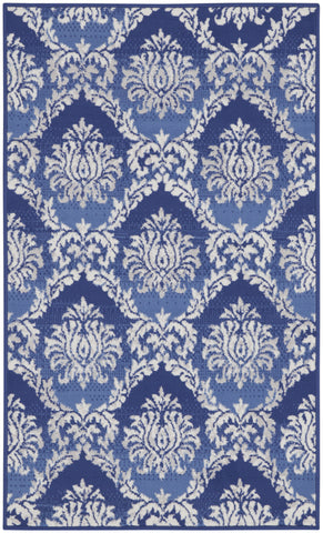 3' X 5' Blue and Ivory Damask Distressed Area Rug
