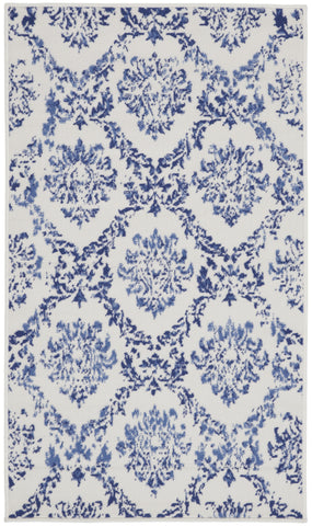 3' X 5' Ivory and Navy Blue Damask Distressed Area Rug