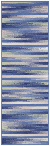 6' Ivory Tan And Blue Striped Runner Rug