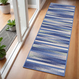 6' Ivory Tan And Blue Striped Runner Rug