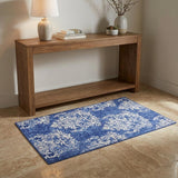 3' X 5' Navy Blue and Ivory Damask Distressed Area Rug