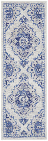 6' Ivory and Blue Floral Medallion Runner Rug