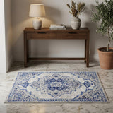 3' X 5' Ivory and Blue Medallion Area Rug