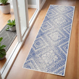 6' Blue and Ivory Geometric Distressed Runner Rug