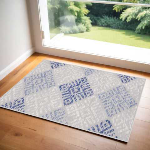 3' X 5' Beige Blue and Gray Geometric Area Rug