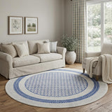8' Ivory and Blue Geometric Distressed Round Rug