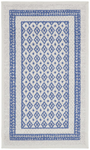 3' X 5' Ivory and Blue Geometric Distressed Area Rug