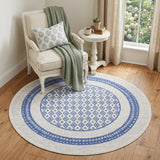 5' Ivory and Blue Geometric Distressed Round Rug