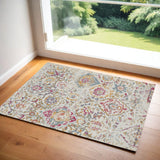 2' X 4' Ivory Red and Blue Damask Distressed Area Rug