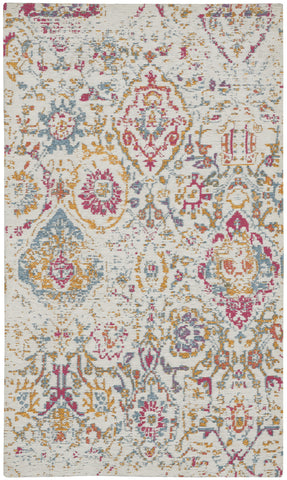 2' X 4' Ivory Red and Blue Damask Distressed Area Rug
