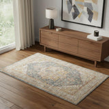 4' X 6' Ivory And Blue Oriental Distressed Area Rug