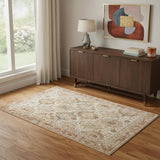4' X 6' Ivory Brown And Yellow Geometric Distressed Area Rug