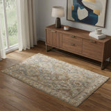 4' X 6' Beige Blue And Brown Geometric Distressed Area Rug