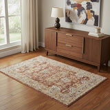 4' X 6' Rust Ivory And Blue Geometric Distressed Area Rug