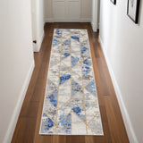 8' Ivory Blue and Gray Geometric Non Skid Runner Rug