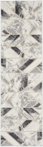 8' Ivory Black and Gray Geometric Non Skid Runner Rug