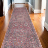 12' Blue And Red Floral Distressed Runner Rug
