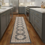 8' Ivory Blue And Brown Geometric Distressed Runner Rug