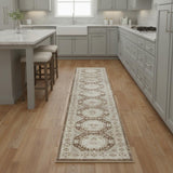 8' Ivory Brown And Gray Geometric Distressed Runner Rug