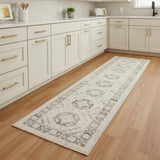 8' Ivory And Gray Geometric Distressed Runner Rug
