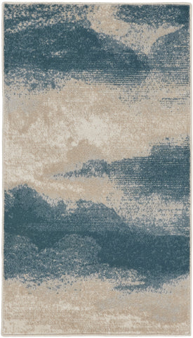 2' X 4' Ivory and Teal Blue Abstract Area Rug