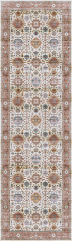 8' Beige and Orange Oriental Distressed Non Skid Runner Rug