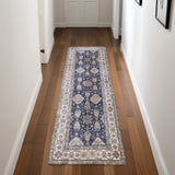 8' Ivory and Blue Oriental Distressed Non Skid Runner Rug