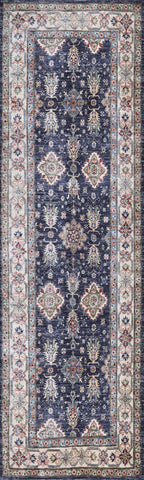 8' Ivory and Blue Oriental Distressed Non Skid Runner Rug