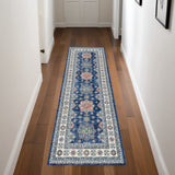 8' Ivory and Blue Oriental Distressed Non Skid Runner Rug