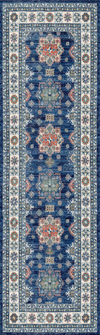 8' Ivory and Blue Oriental Distressed Non Skid Runner Rug