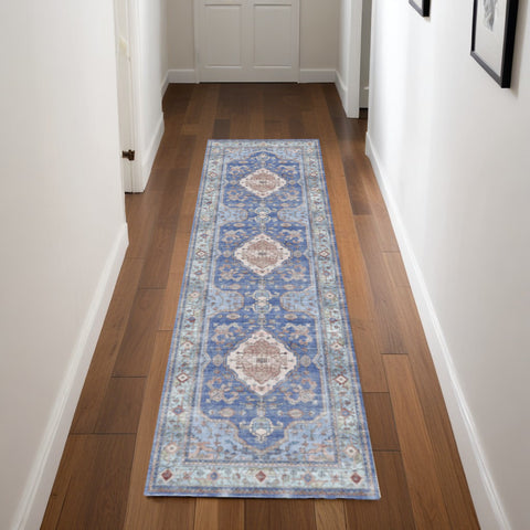 8' Ivory Red and Blue Oriental Distressed Non Skid Runner Rug