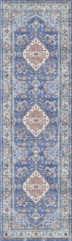 8' Ivory Red and Blue Oriental Distressed Non Skid Runner Rug