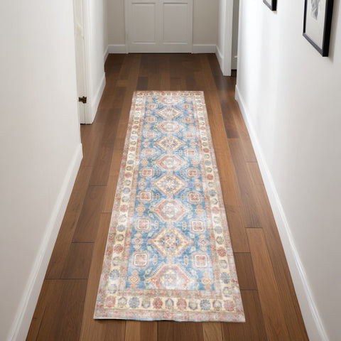 8' Ivory Red and Blue Oriental Distressed Non Skid Runner Rug