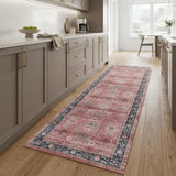 8' Brick Red and Black Oriental Distressed Non Skid Runner Rug