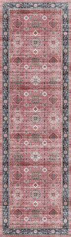 8' Brick Red and Black Oriental Distressed Non Skid Runner Rug