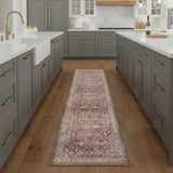 8' Ivory Red And Blue Oriental Distressed Non Skid Runner Rug