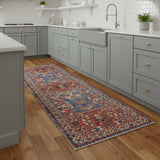 8' Ivory Red And Blue Oriental Distressed Non Skid Runner Rug