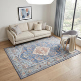 5' X 7' Ivory Red and Blue Oriental Distressed Non Skid Area Rug