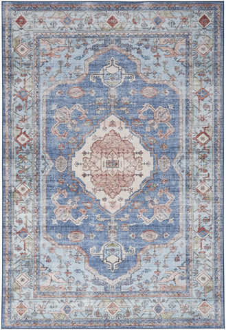 5' X 7' Ivory Red and Blue Oriental Distressed Non Skid Area Rug