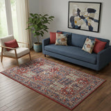 5' X 7' Ivory Red And Blue Oriental Distressed Non Skid Area Rug
