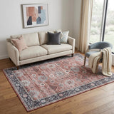 5' X 7' Brick Red and Black Oriental Distressed Non Skid Area Rug